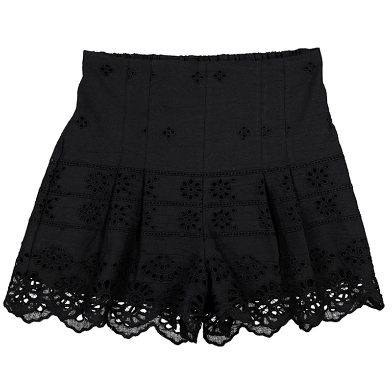 Black Eyelet Motif Cotton Shorts