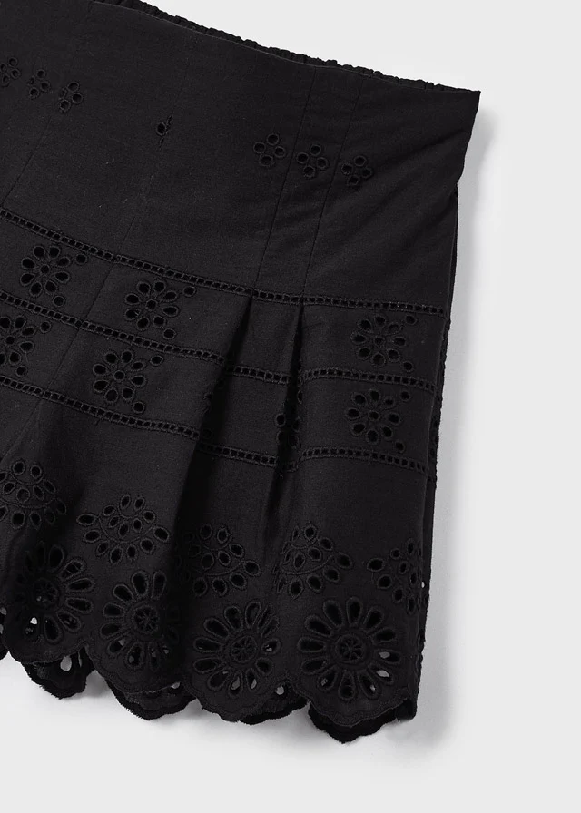 Black Eyelet Motif Cotton Shorts - Image 3