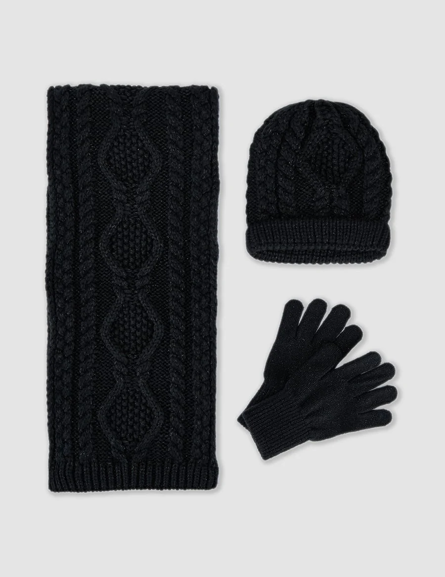 Black Jacquard Scarf Glove & Hat Set - Image 2
