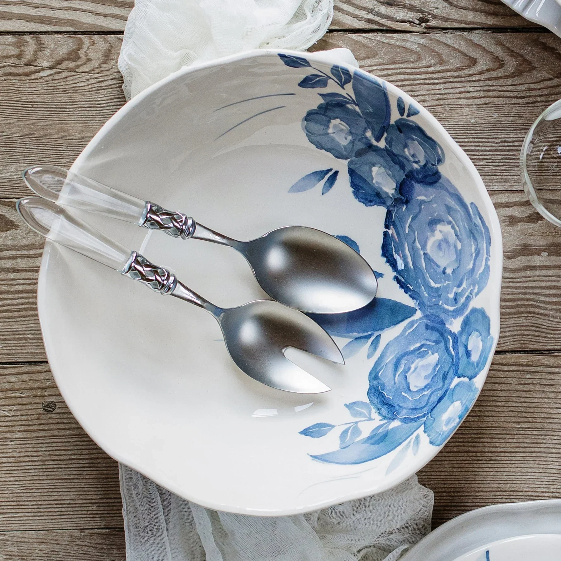 Blue Camellia Shallow Serving Bowl - Image 3