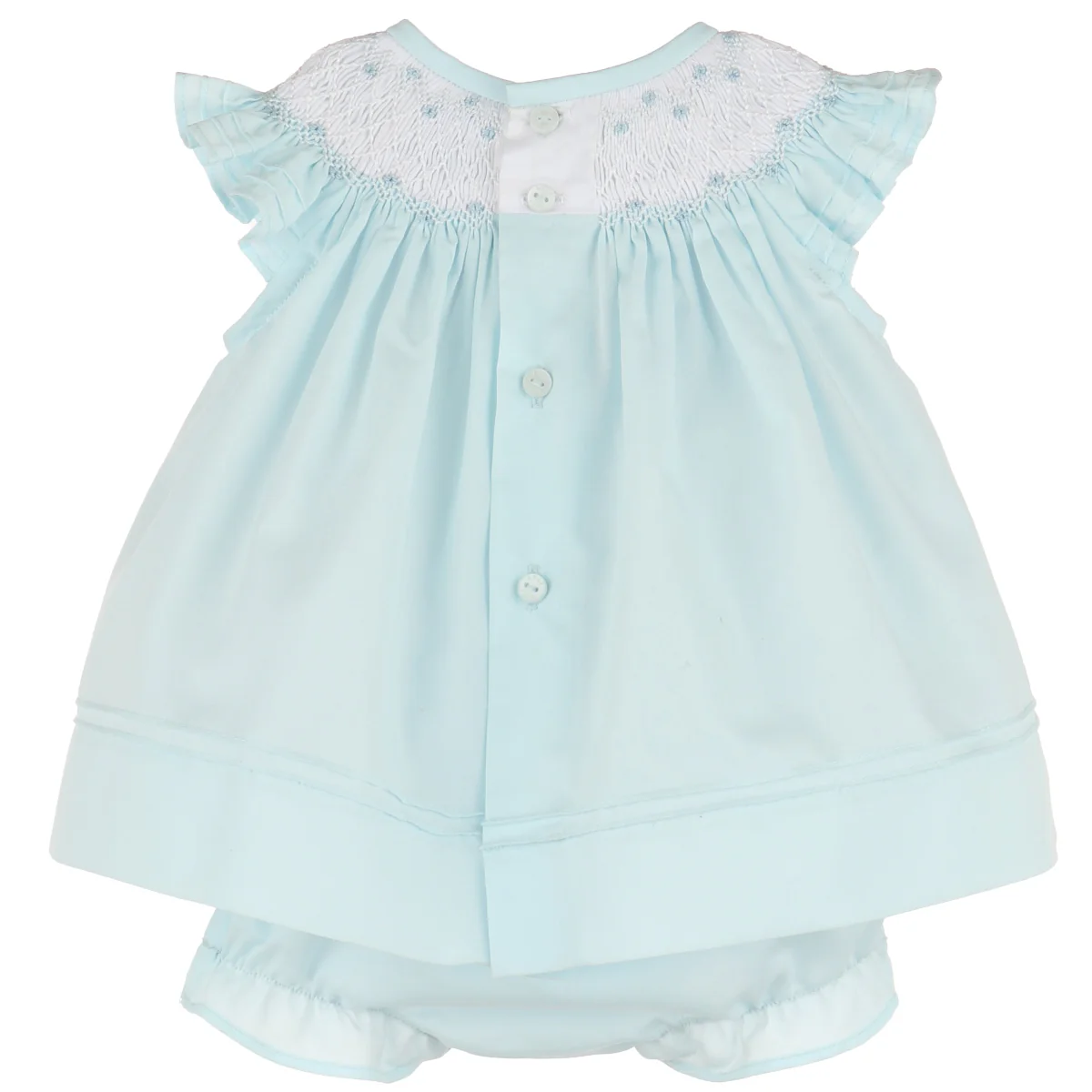 Blue Floral Vine Smocked Bishop Dress w/ Bonnet & Bloomer 3pc Set - Image 3