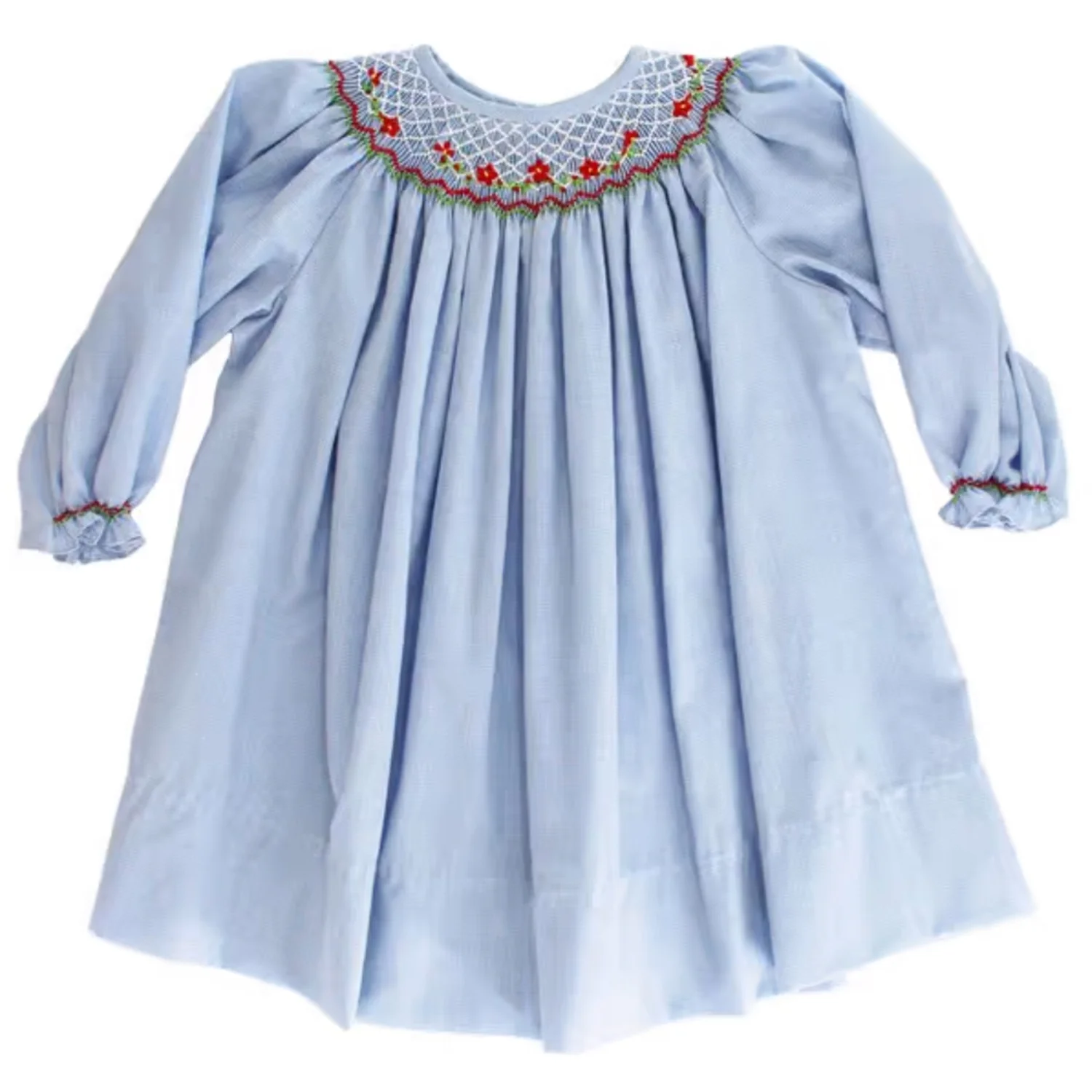 Blue Microcheck With Red Floral Embroidery Bishop Dress