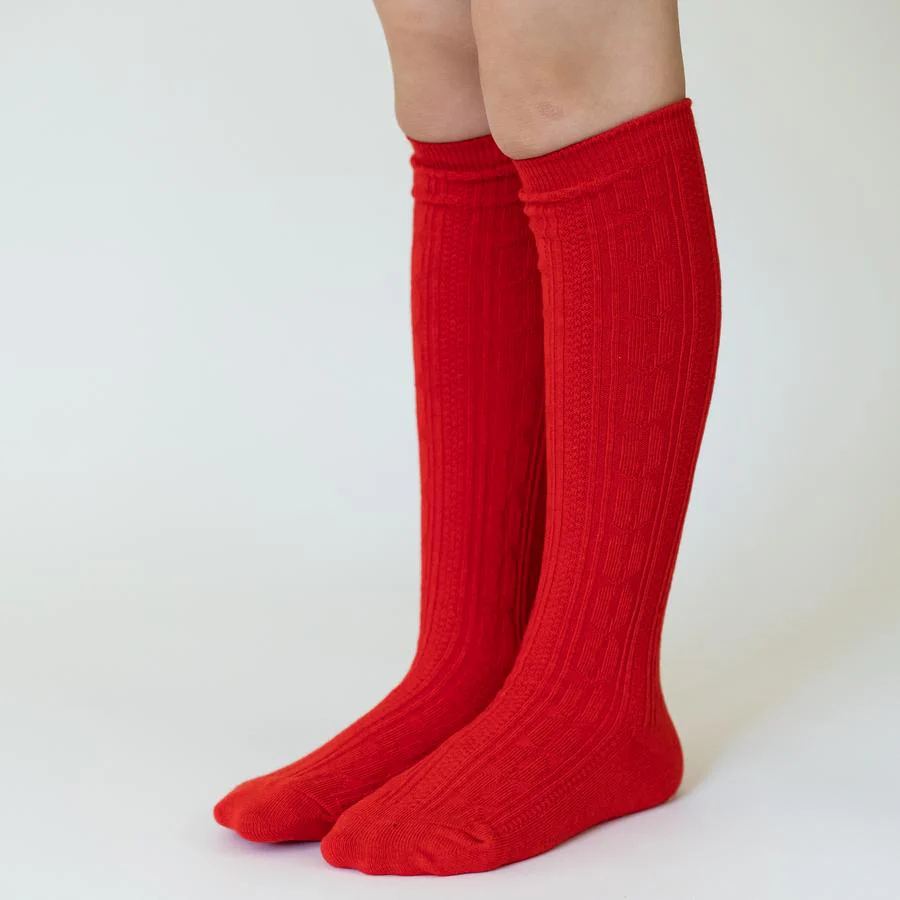 Bright Red Cable Knit Knee High Socks