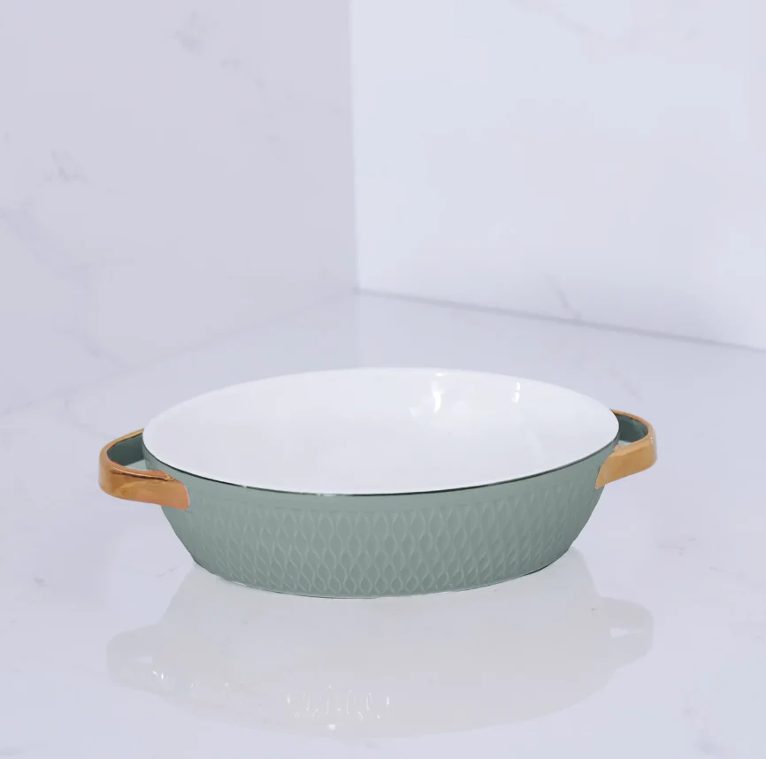 Ceramic Small Oval Baker with Gold Handles (Sage)