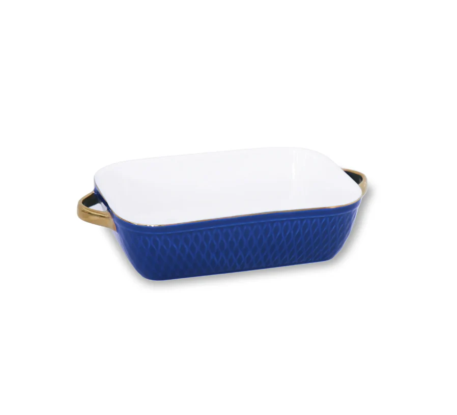 Ceramic Small Rectangular Baker with Gold Handles (Blue) - Image 2