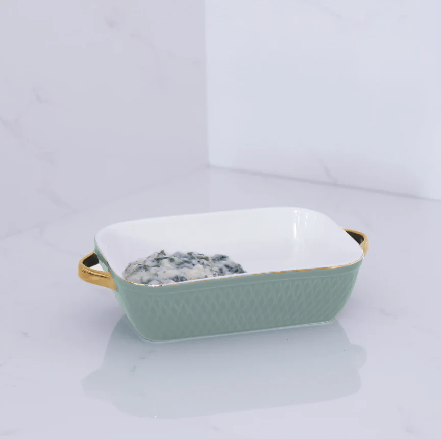 Ceramic Small Rectangular Baker with Gold Handles (Sage) - Image 4