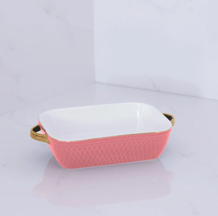 Ceramic Small Rectangular Baker with Gold Handles (Salmon)