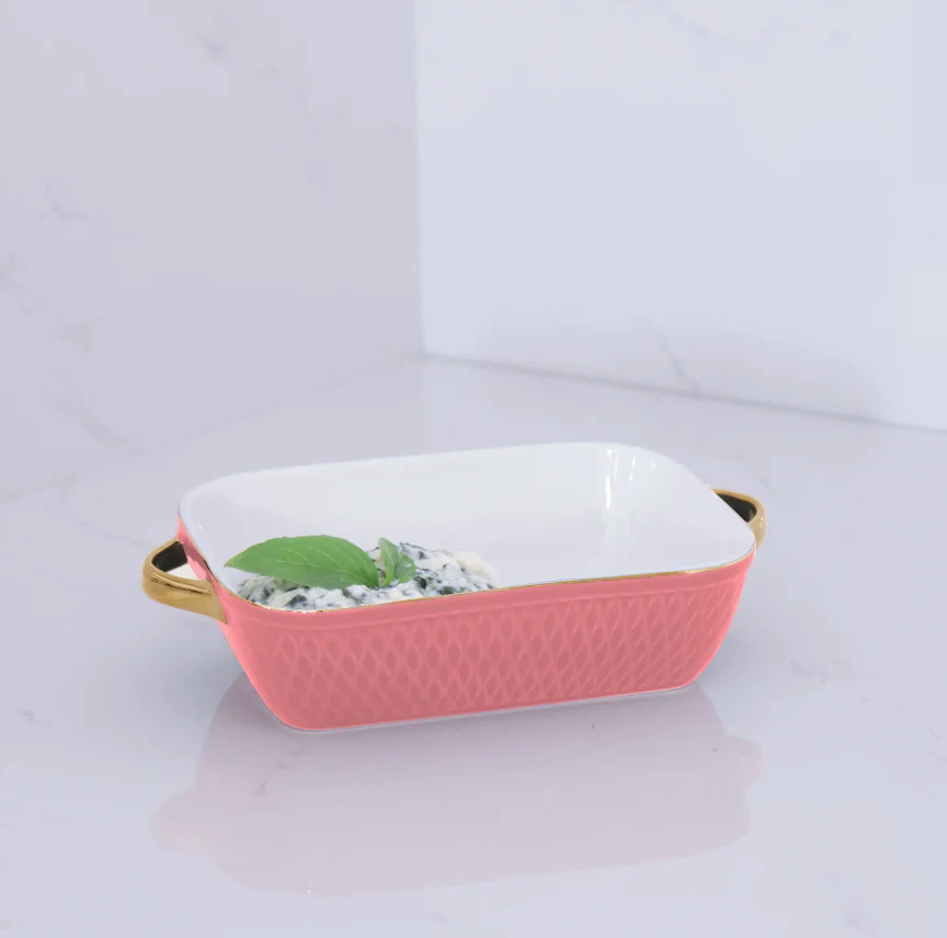 Ceramic Small Rectangular Baker with Gold Handles (Salmon) - Image 3