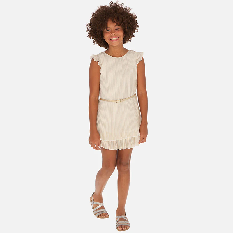 Cream Pleated Dress with Belt