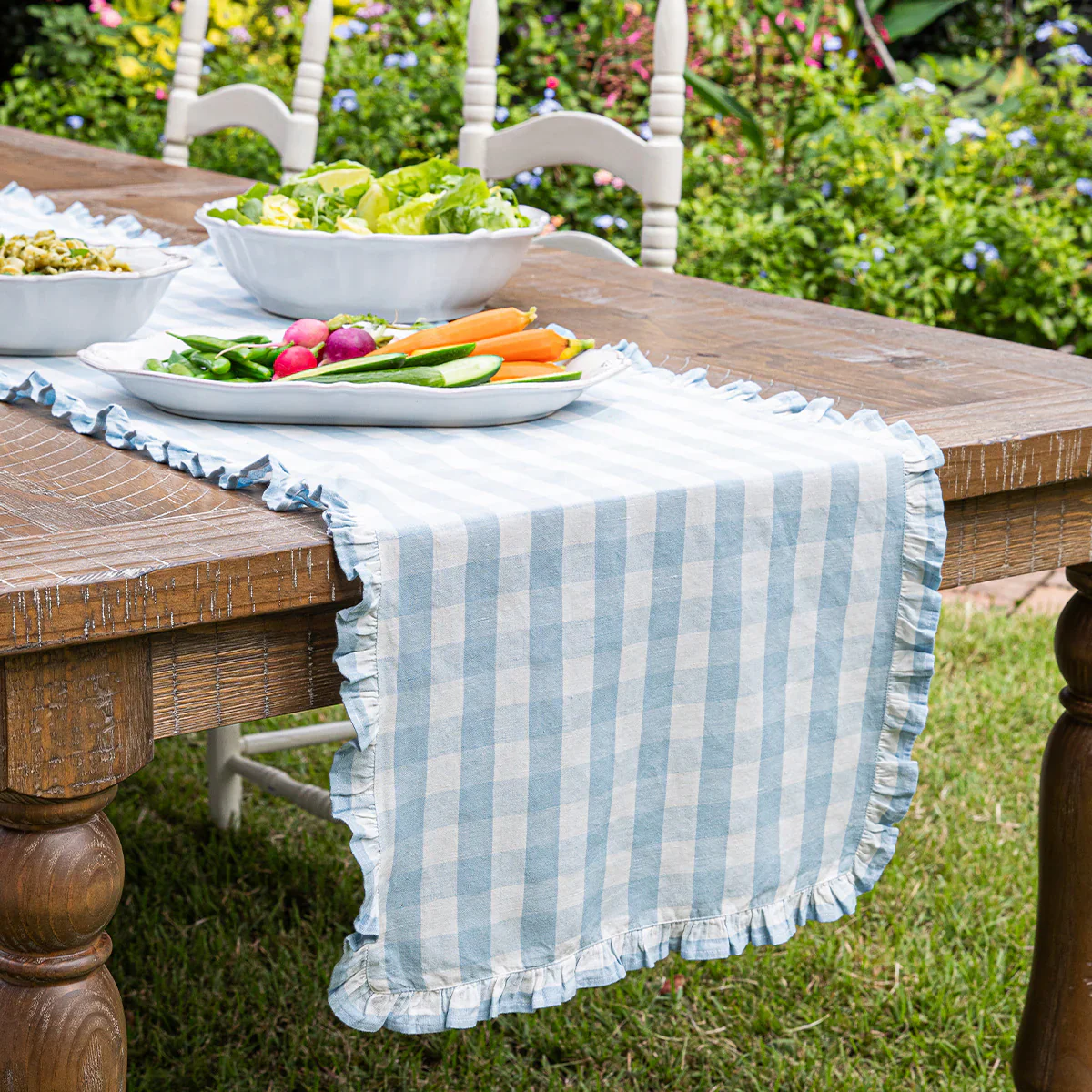 Gingham Ruffle 18" x 90" Table Runner - Ocean - Image 2