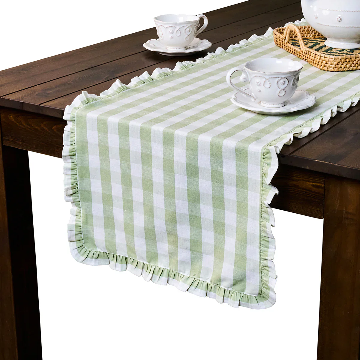 Gingham Ruffle 18" x 90" Table Runner - Seagrass - Image 2