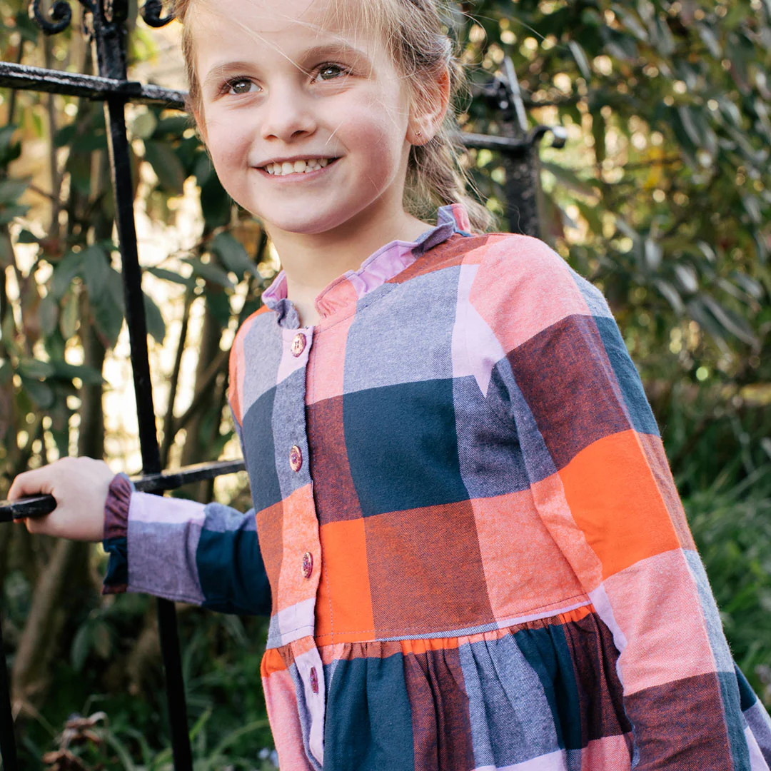 Girls Autumn Dress - Navy Orange Check - Image 2