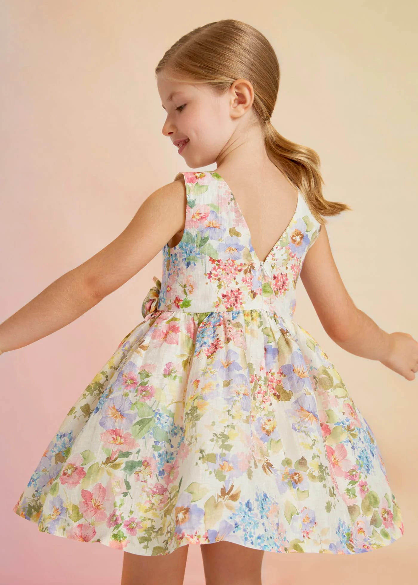 Girls Floral Printed Linen Dress - Image 2
