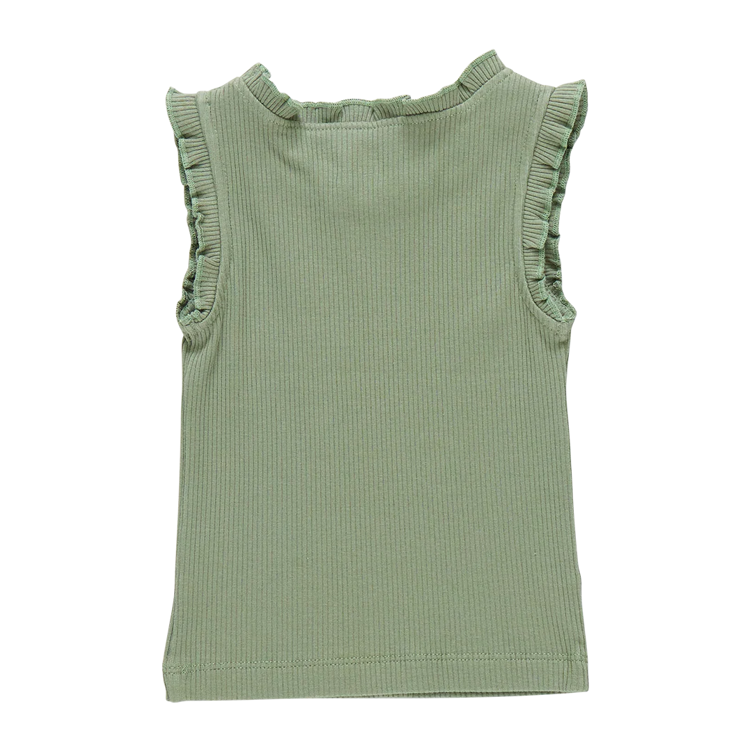 Girls Organic Ruffle Rib Tank - Leaf Green - Image 2