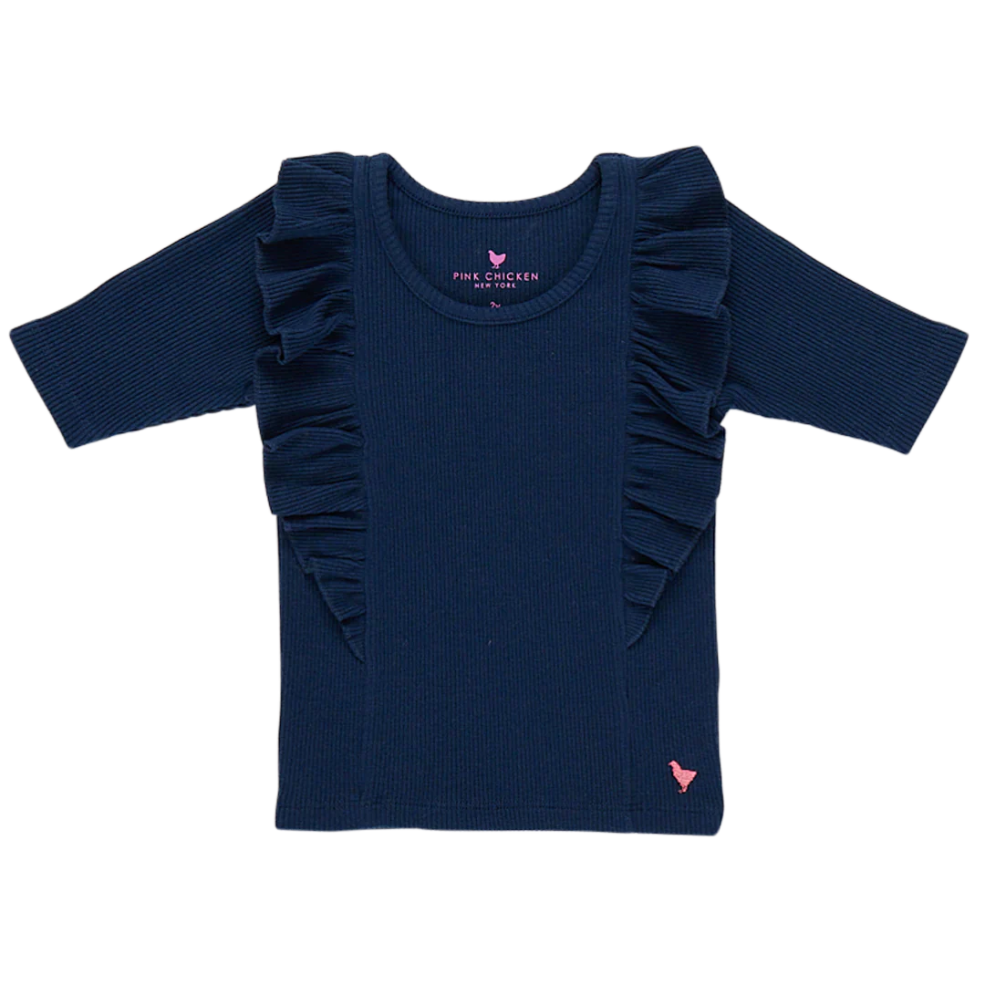 Girls Organic Ruffle Rib Top - Navy
