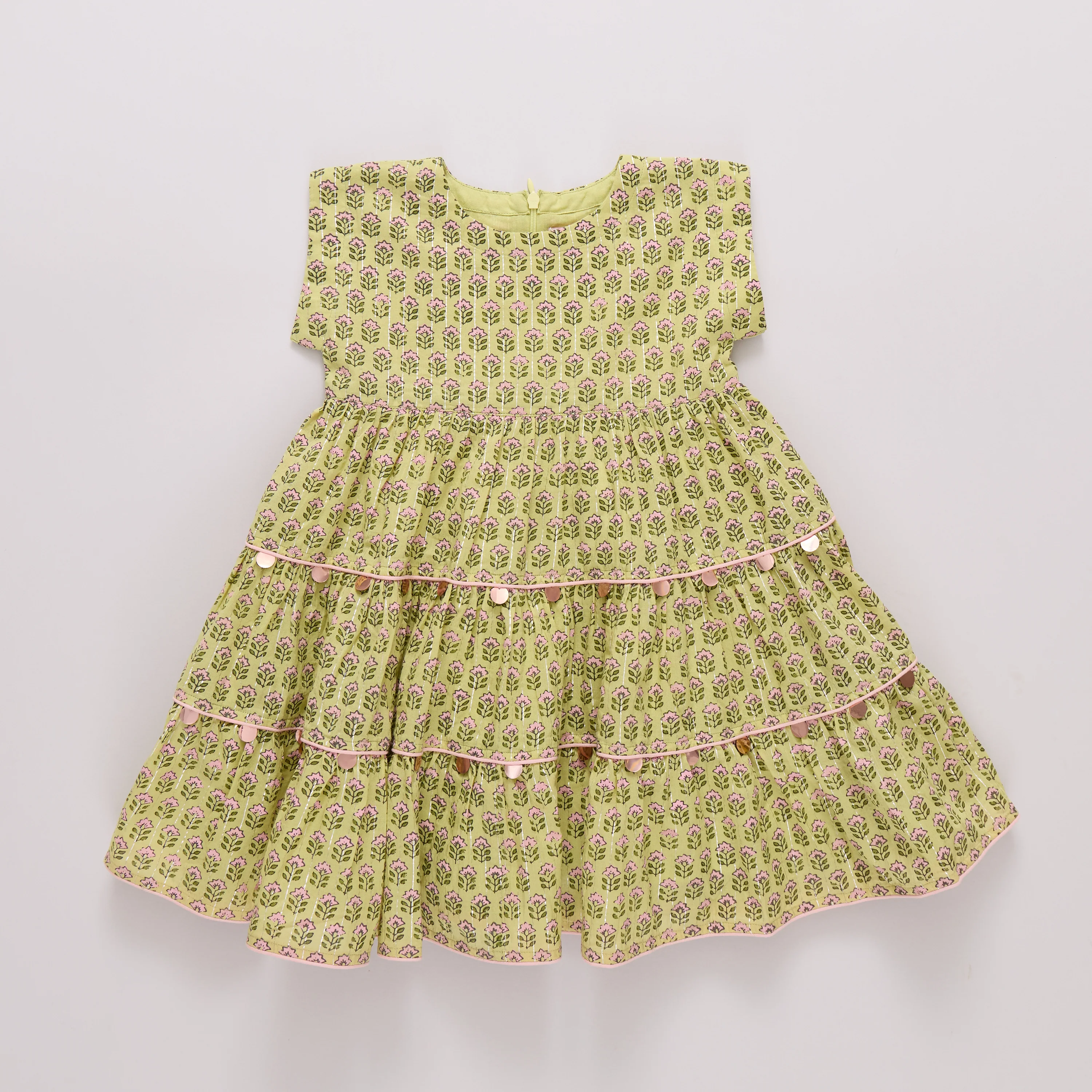 Girls Peachy Dress - Green Prairie Block Print