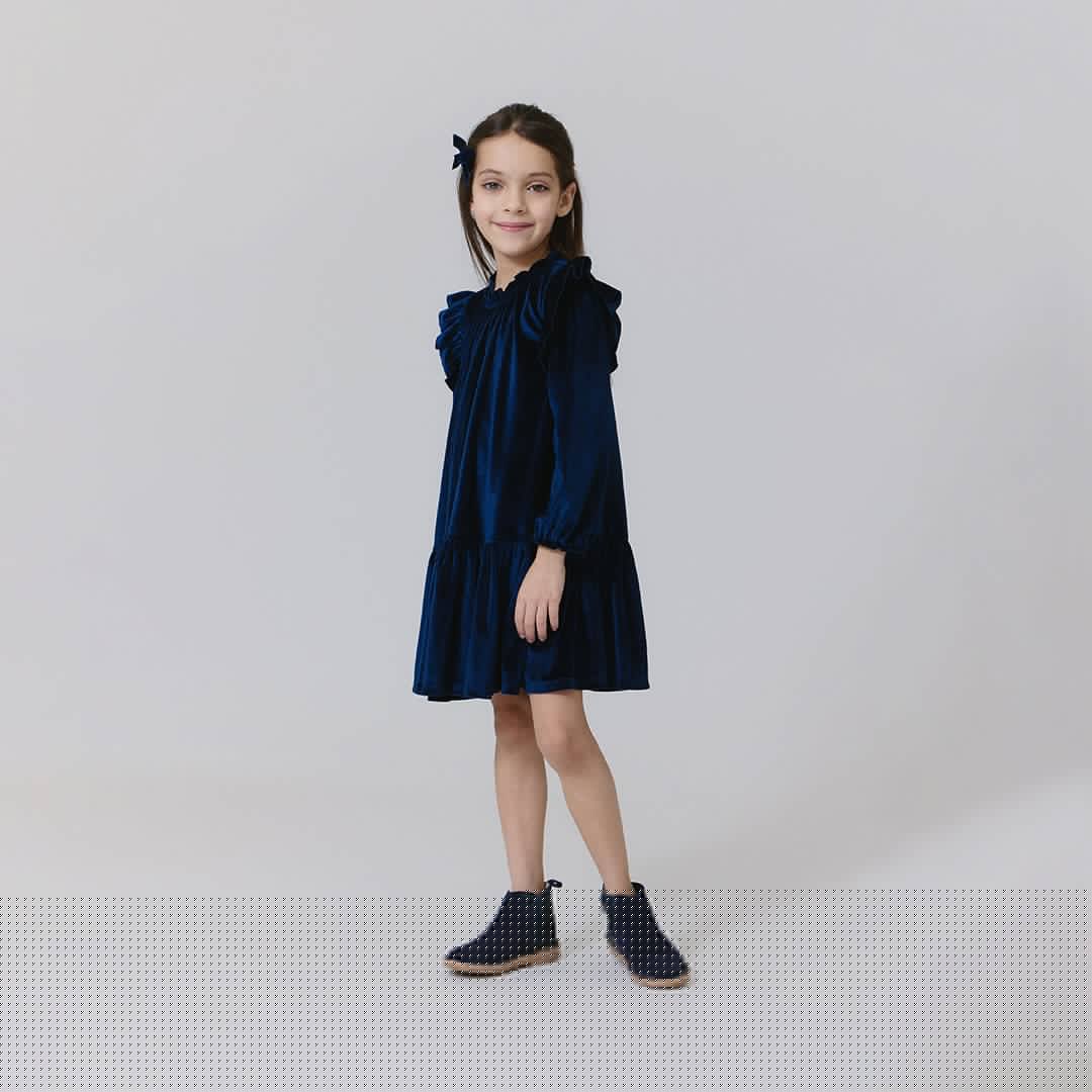 Girls Velour Harper Dress - Navy - Image 3