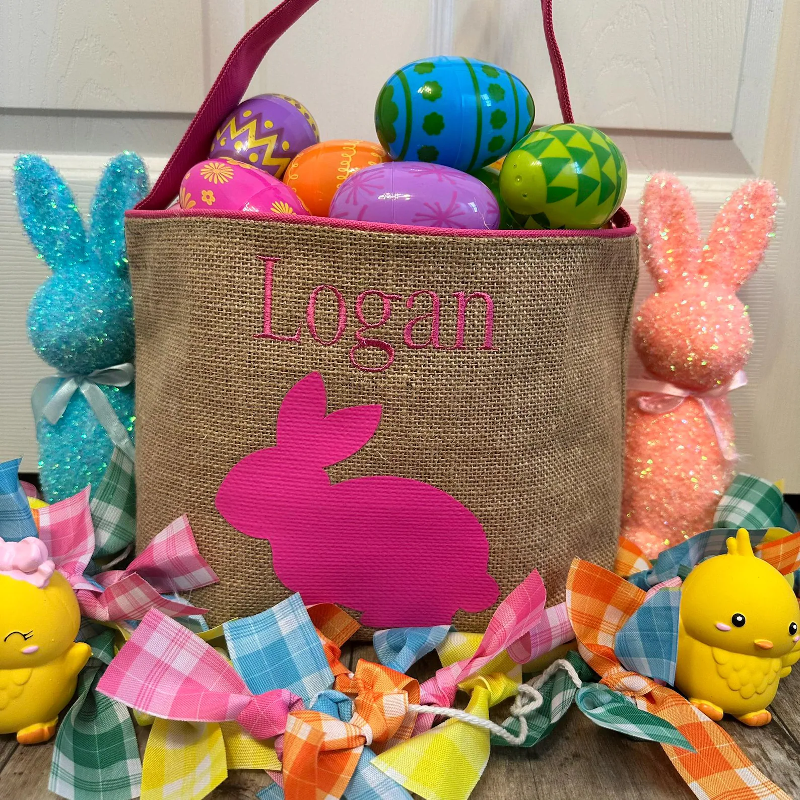 Hot Pink Burlap Bunny Basket - Image 3