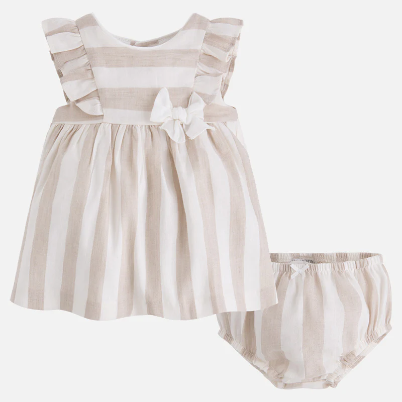 Ivory & Beige Striped Linen Dress & Bloomer - Image 2