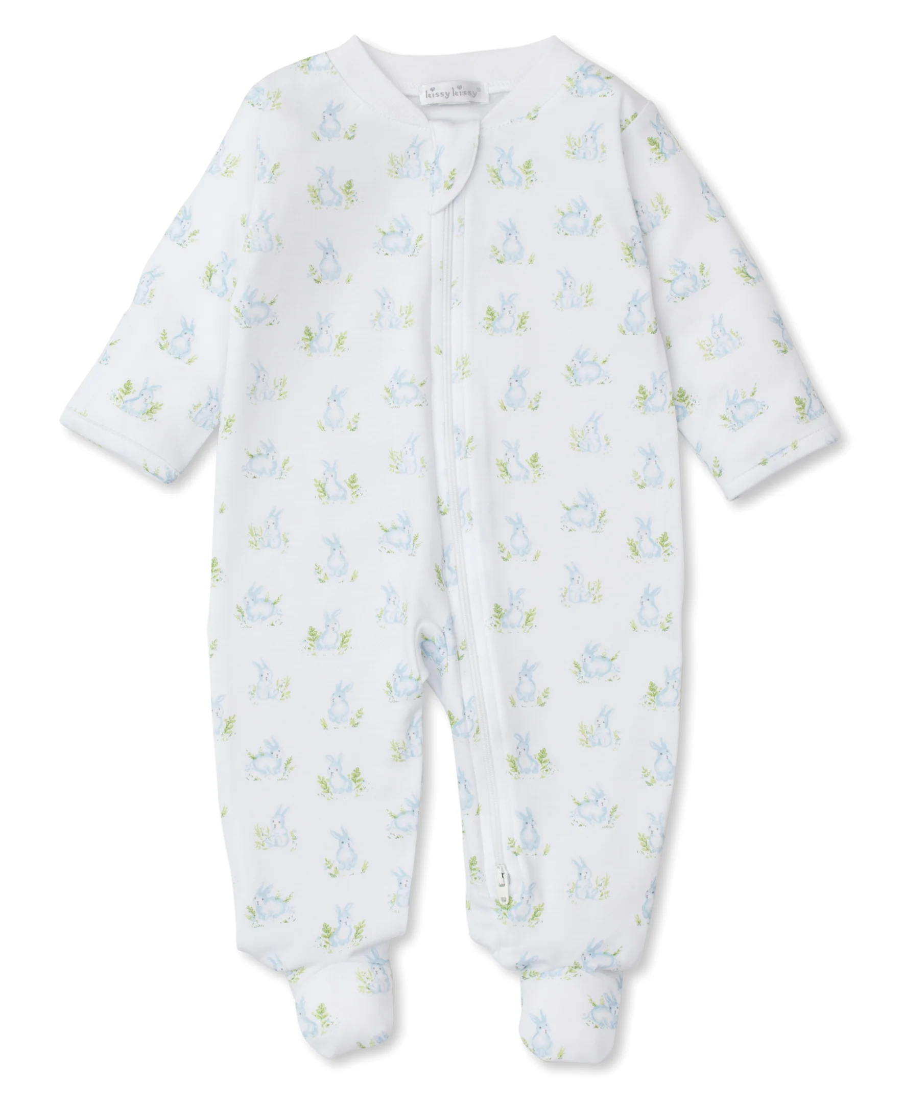 Cottontail Hollows: Light Blue Bunnies Print Footie w/ Zipper