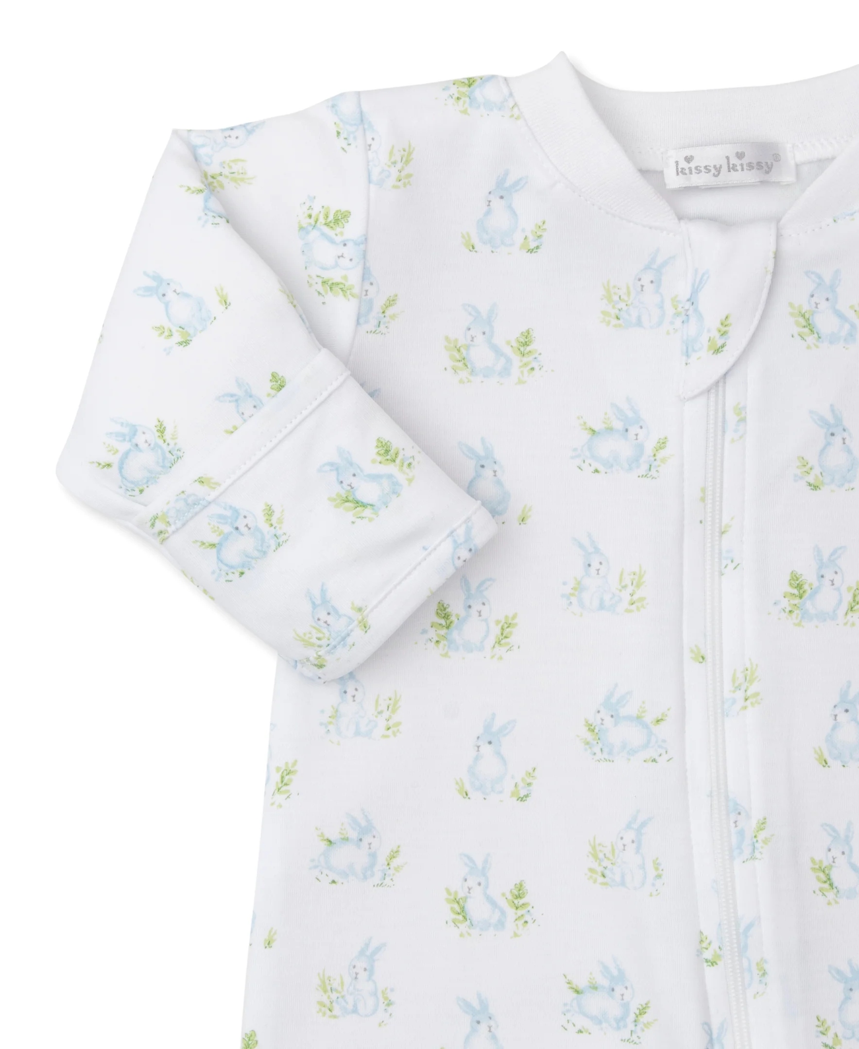 Cottontail Hollows: Light Blue Bunnies Print Footie w/ Zipper - Image 2