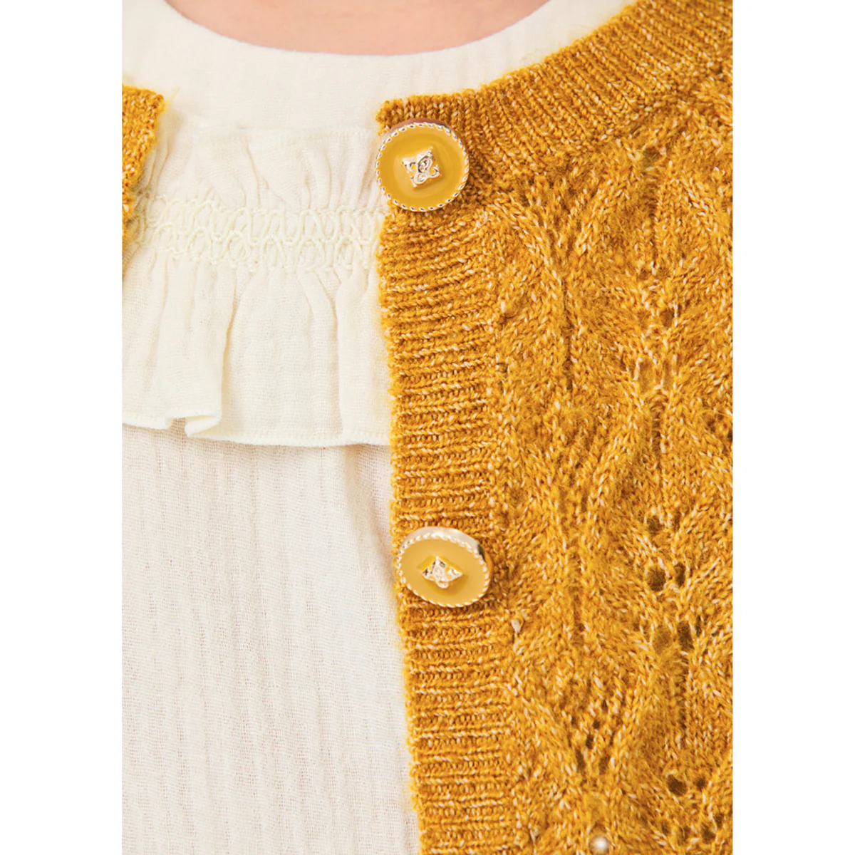 Mustard Yellow Openwork Knit Cardigan - Image 3