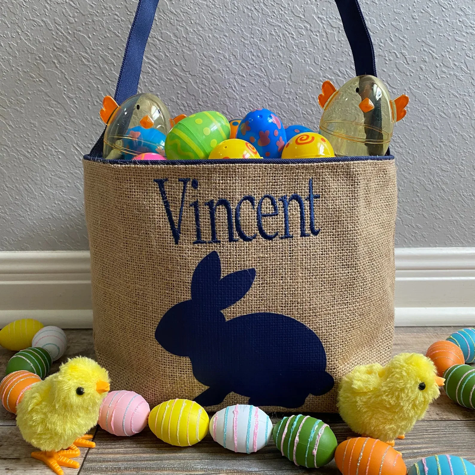 Navy Burlap Bunny Basket - Image 5