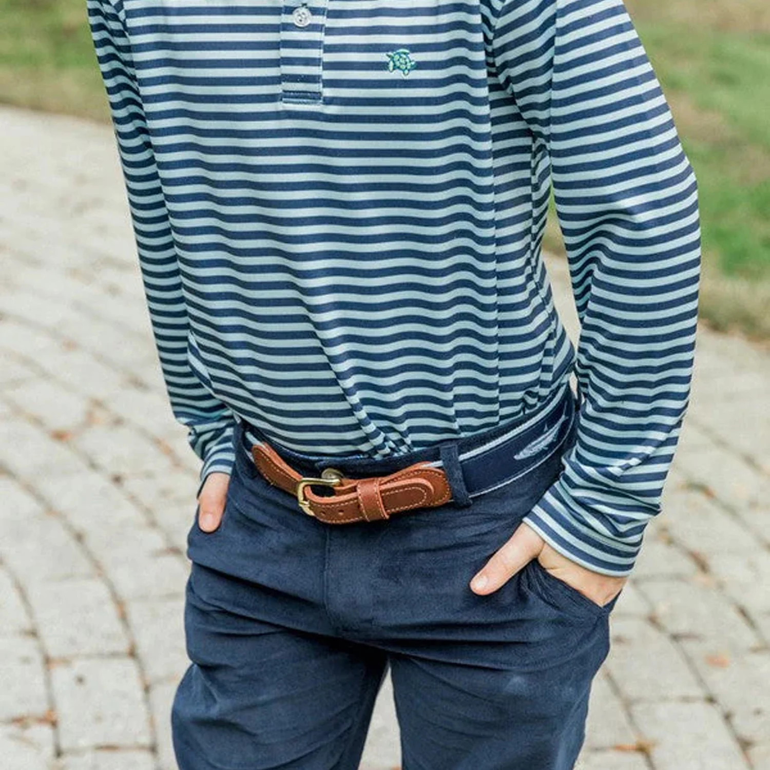 Navy & Mint Stripe Long Sleeve Harry Performance Polo - Image 2