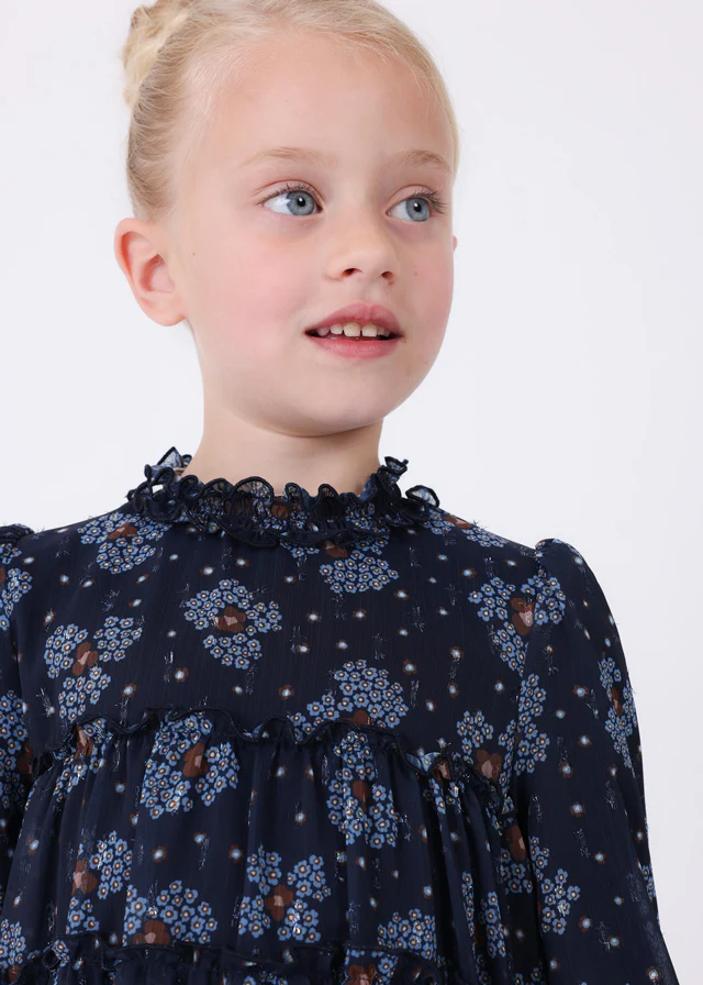 Navy Printed Chiffon Dress - Image 3