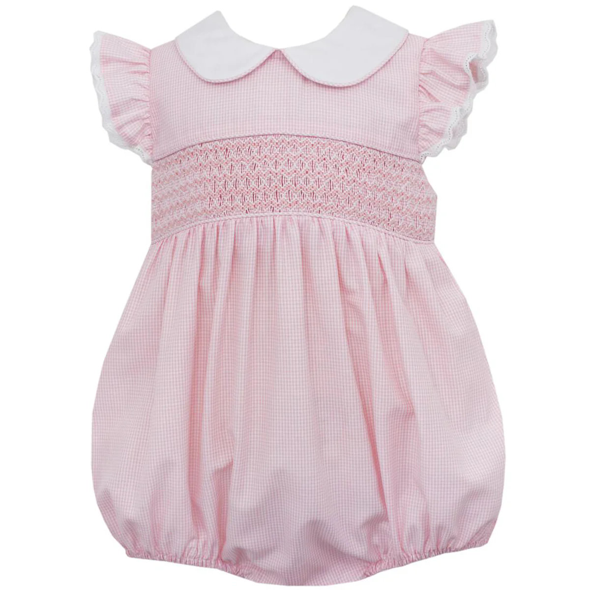 Smocked Pink Gingham Bubble W/ Ruffle Sleeves