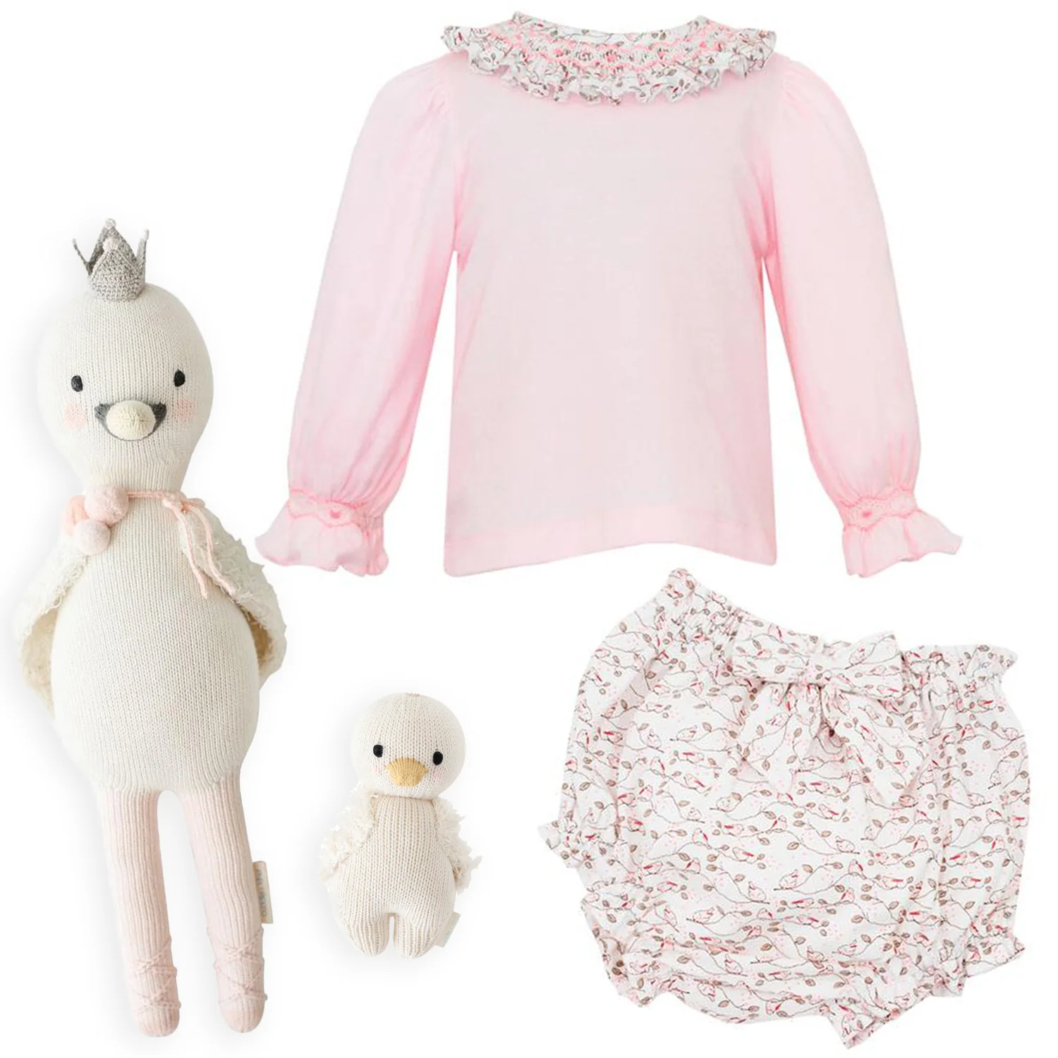 Pink Knit Top w/ Bird Print Smocked Bloomers - Image 4