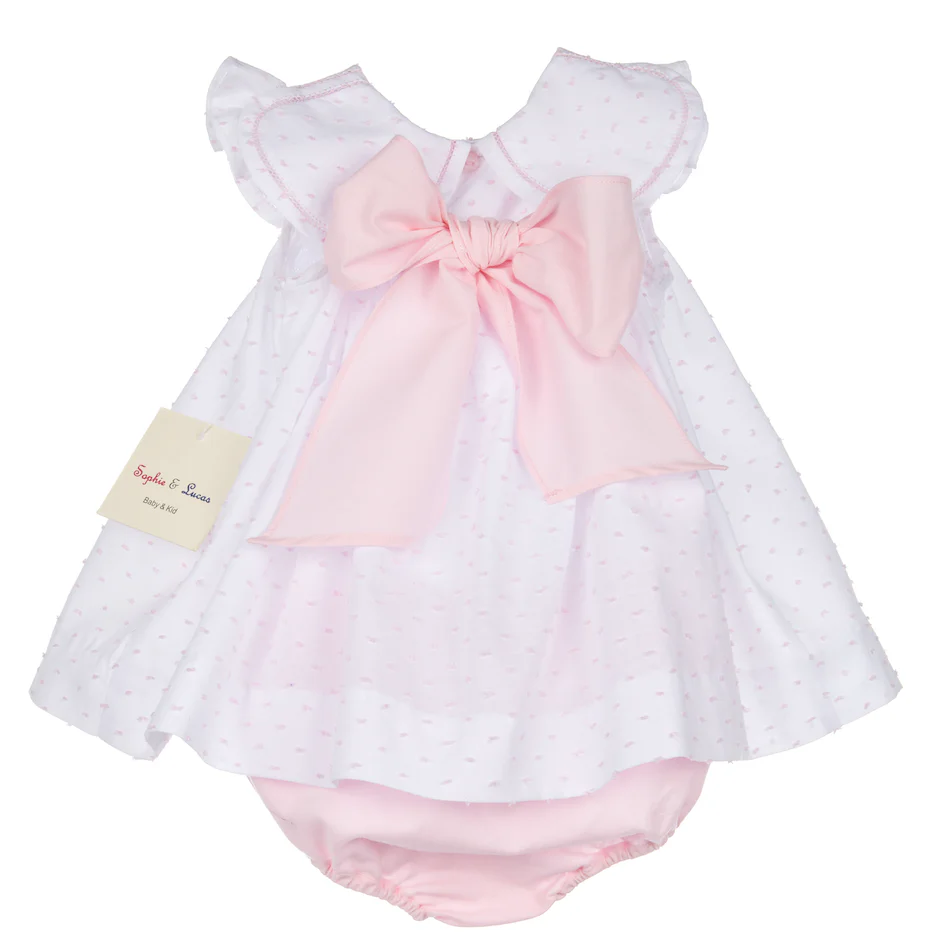Pink Swiss Dot Petal Collar Bow Dress With Bloomers - Image 2