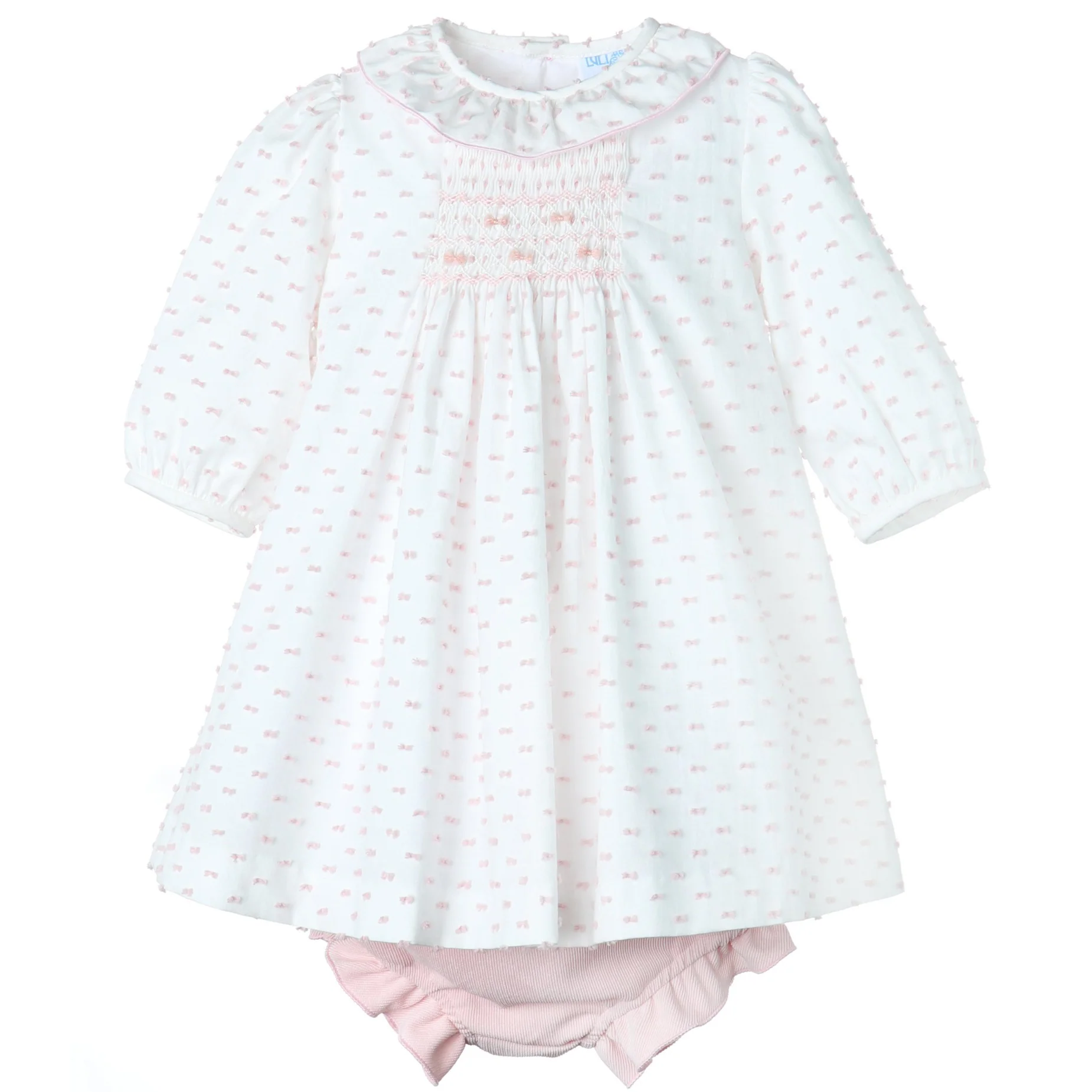 Pink Swiss Dot Smocked Dress & Corduroy Bloomer Set