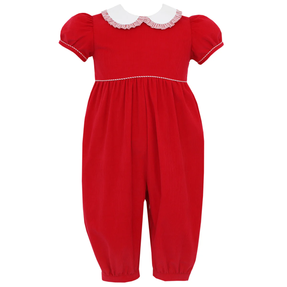 Red Long Romper With White Collar & Ruffle Trim