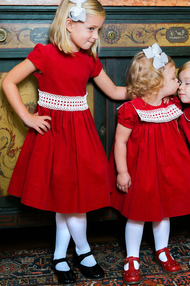 Ruby Red Corduroy & Ivory Lace Dress - Image 2