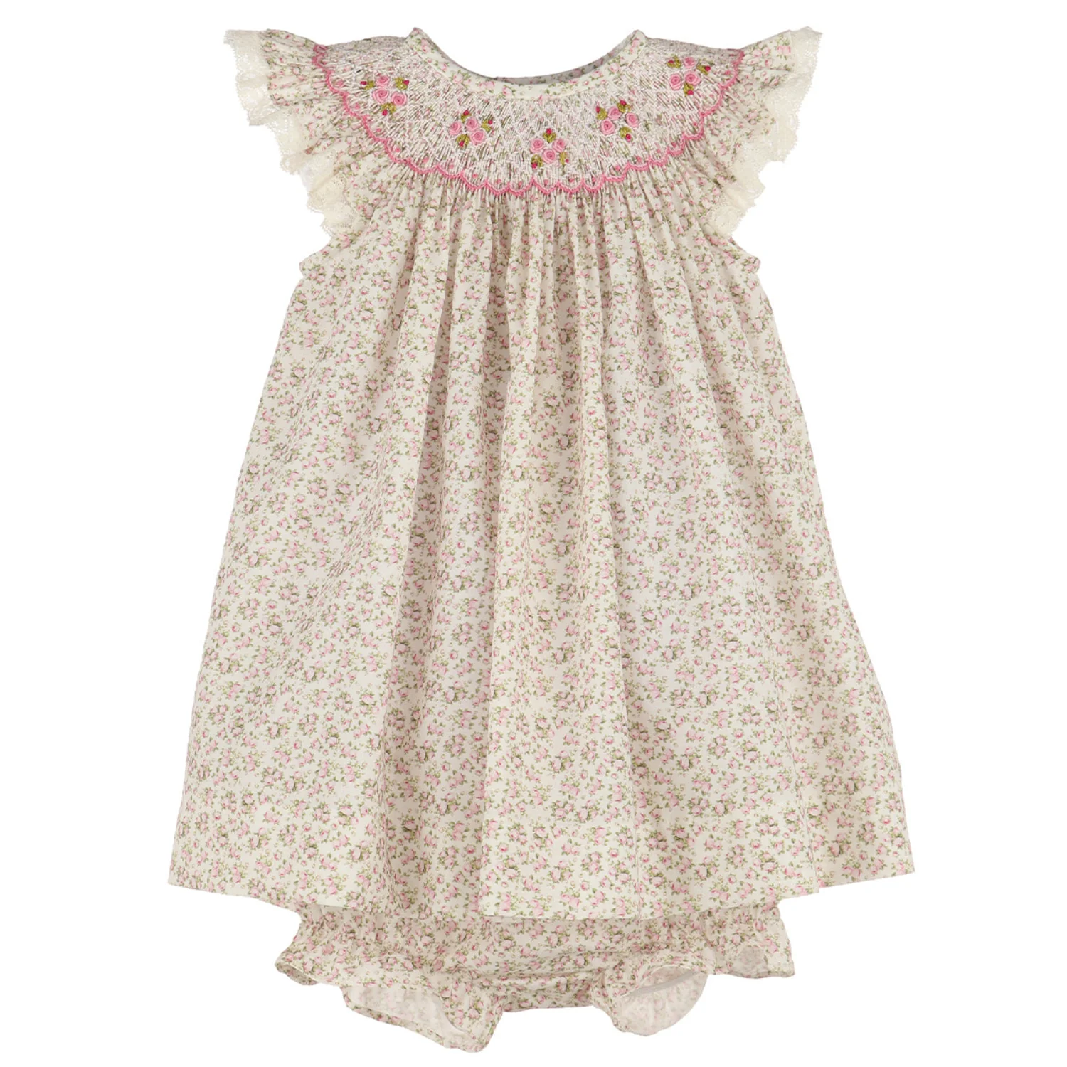 Smocked Pink Liberty Tea Roses Bishop Dress with Lace