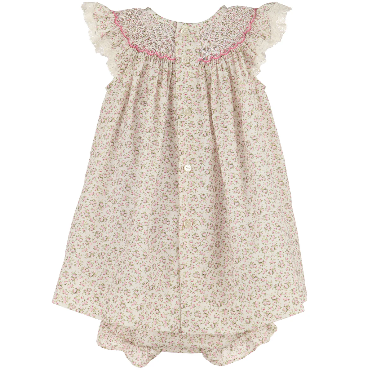 Smocked Pink Liberty Tea Roses Bishop Dress with Lace - Image 2