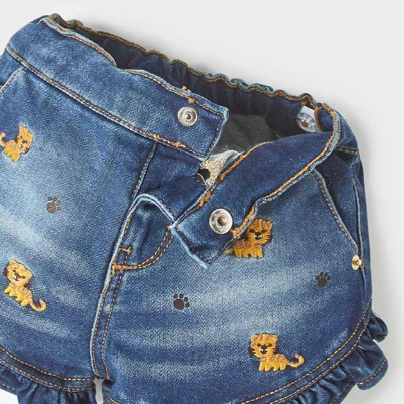 Tiger Embroidered Ruffled Denim Shorts - Image 2
