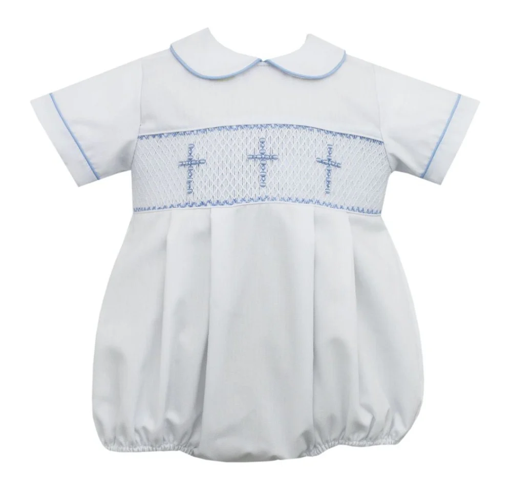 White & Light Blue Batiste Smocked Cross Boy's Bubble